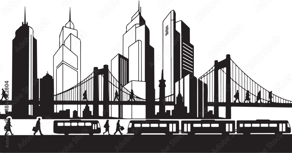 Fototapeta premium City Skyline Silhouette with Bridge and Skyscrapers