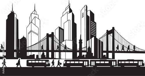 City Skyline Silhouette with Bridge and Skyscrapers