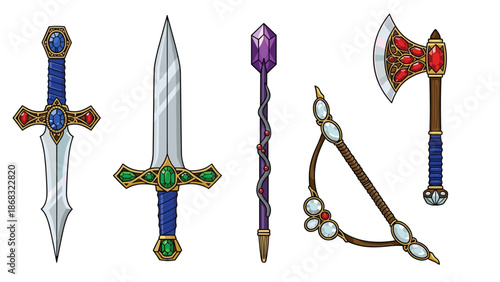 Enchanted weapons including a sword, dagger, staff, bow, and axe adorned with colorful gemstones, evoking a sense of magic and power.