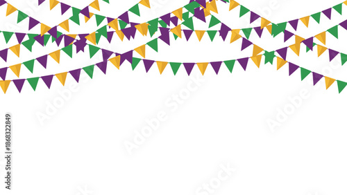 Multiple strings of green, purple, and gold triangular flags creating a festive backdrop for a celebration or party event.