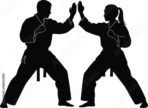 Martial Arts Silhouette of Man and Woman Training Black and White Vector