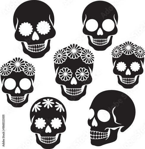 Collection of decorative sugar skulls with floral designs for day of the dead
