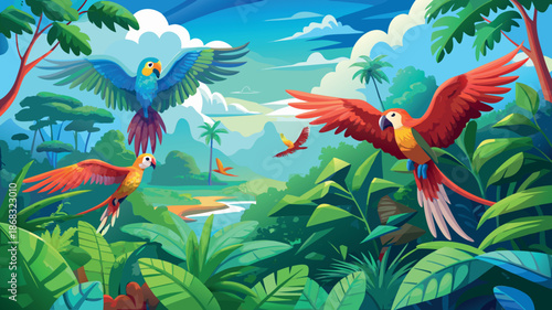 Breathtaking Tropical Jungle Panorama at Sunset with Misty Mountains, Golden Sunlight, and Lush Rainforest Canopy