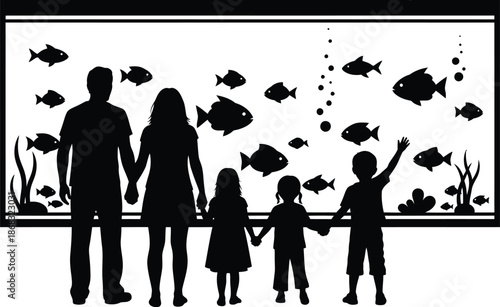 Family Silhouette Watching Fish in Aquarium Vector Illustration