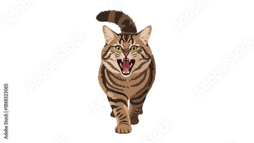 A tabby cat with its mouth open and tail raised, appearing to be walking or pouncing with an aggressive or playful expression.