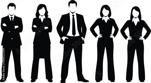 Professional business team silhouettes vector set male and female corporate workers in suits standing together minimalist black icons