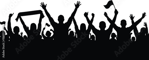 Excited Crowd Silhouette Fans Cheering Holding Flags and Scarf Vector Illustration for Sports Events and Concerts