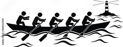Team of Rowers in a Boat Silhouette Moving Towards a Lighthouse on Wavy Water Vector Icon
