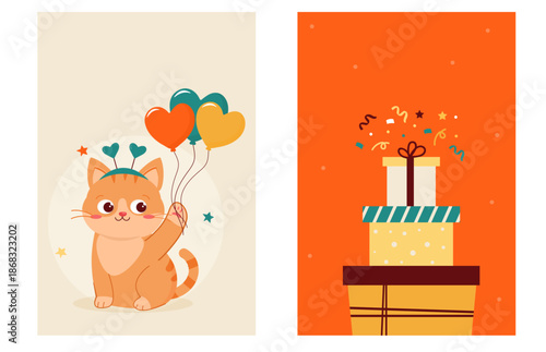 Cute Birthday Vector Set with Cat