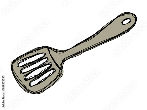 Hand-drawn sketch of a slotted kitchen spatula. Minimalist doodle vector icon of a cooking utensil for food blogs, recipes, and kitchen design.
