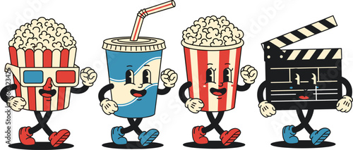 Retro cartoon characters popcorn drink and clapperboard walking together soda movie