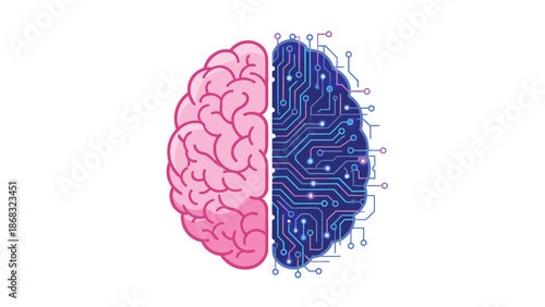 Half human brain and half digital brain with vibrant blue circuits, symbolizing the fusion of biological and artificial intelligence for advanced cognition.