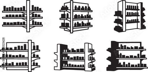 Various Black and White Shelf Illustrations with Bottles