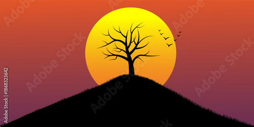 A minimalist vector illustration of a leafless tree silhouette on a hill with birds flying against a colorful sunset sky. Simple background.