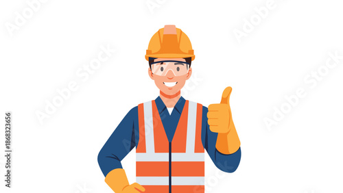 Friendly construction worker in a reflective vest and safety glasses gives a thumbs up, conveying a sense of safety and competence on the job.