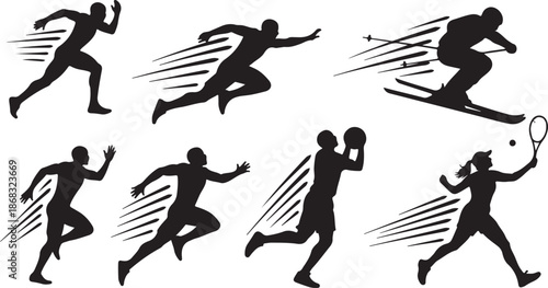 Silhouettes of athletes in various sports actions