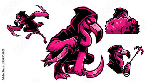 Ninja Flamingo Assassin Mascot Logo Set with Pink Bird Characters Holding Daggers for Esports