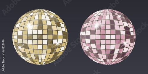 Two shiny disco balls one gold chrome and one pink chrome reflecting light on a dark gradient background. Perfect for party, dance, club, celebration, and festive design projects.