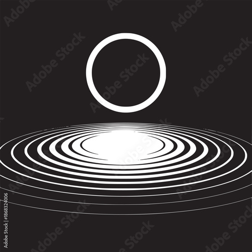 A white circle above white concentric ellipses on a black background in a minimalist design style
