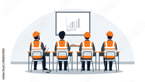 Four construction workers wearing safety vests and hard hats sit at desks facing a projection screen displaying a bar graph, attending a safety training or meeting.