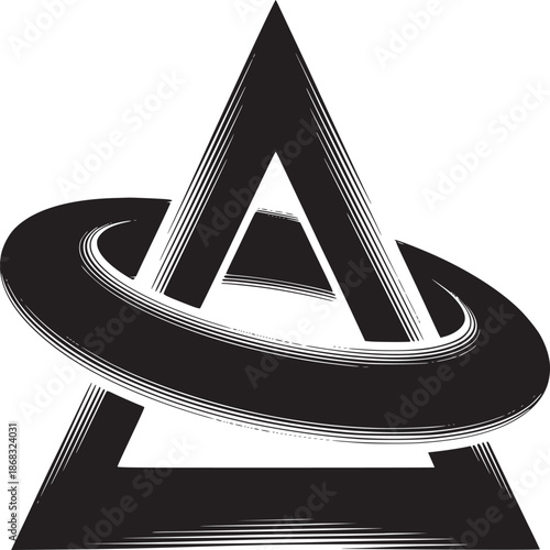 A graphic design featuring a black triangle with a black ring orbiting around it on white background