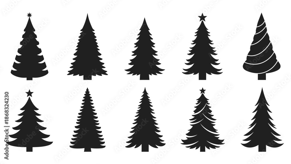 Obraz premium Collection of Black Christmas Tree Silhouettes Isolated White Background for Festive Design