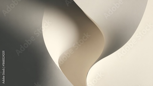 Abstract composition of flowing paper curves creating dynamic shadows and soft gradients as visual harmony in minimalist design aesthetic