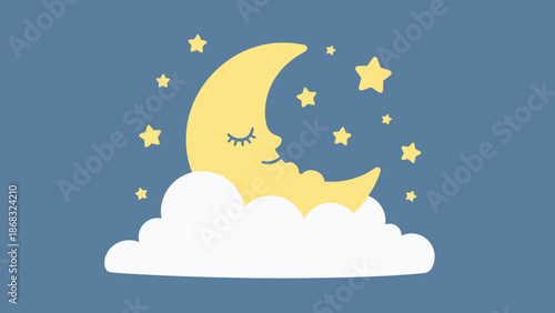 Peaceful Sleeping Crescent Moon on Cloud with Stars in Dark Blue Night Sky