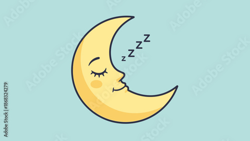 Cute Sleeping Crescent Moon with Zzz's on Light Blue Background, Peaceful Night and Sweet Dreams Illustration