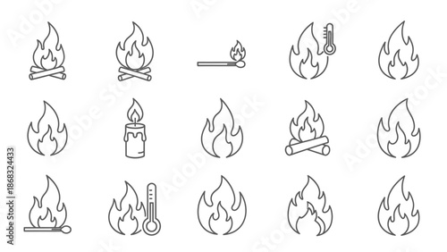 Set of Outline Fire and Flame Icons Collection on Isolated White Background