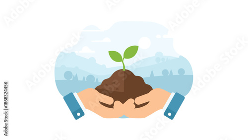 Hands cradle a small plant growing from a mound of soil against a backdrop of rolling hills, symbolizing growth, nature, and environmental care.