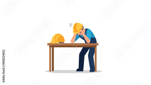 Stressed construction worker in a hard hat sits at a table with his head in his hands, looking exhausted and overwhelmed.