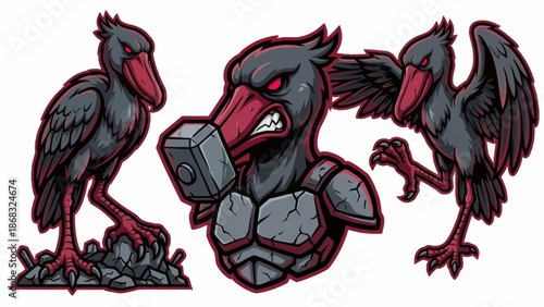 Shoebill Stork Mascot Logo Set, Angry Bird Warrior in Dark Armor Holding Hammer, Esports Illustration