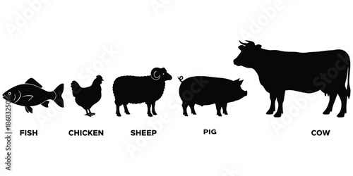 Silhouette Collection Of Farm Animals And Fish With Labels On White Background chicken sheep