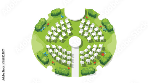 Circular outdoor seating arrangement with white chairs and blooming flowers, designed for a wedding ceremony or garden party.