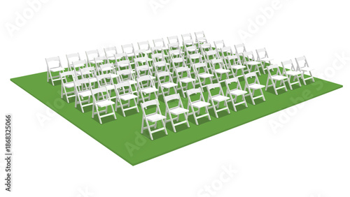 Rows of white folding chairs arranged on a green lawn, set up for an outdoor event, ceremony, or gathering.