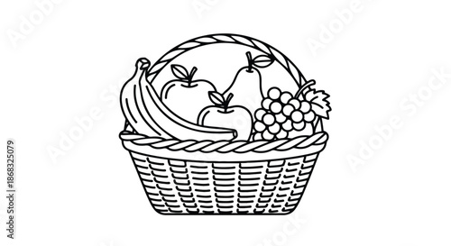 A Fresh fruit basket with apples, bananas, and grapes line art