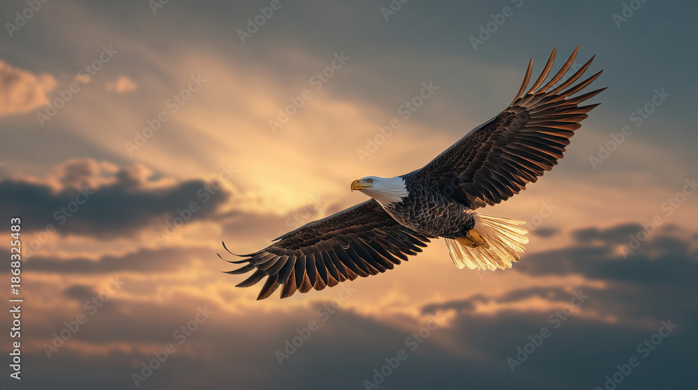 Naklejka premium Bald eagle soaring against dramatic sunset sky 