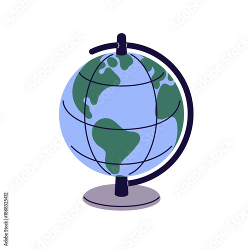 Icon of World globe to study Geography subject. Geographic tool, Earth planet. School supply for learning and travel. Elementary education. Flat isolated vector illustration on white background
