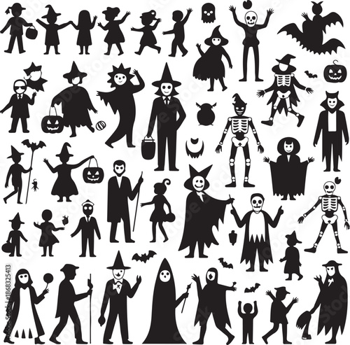 Halloween costumes and characters on white background