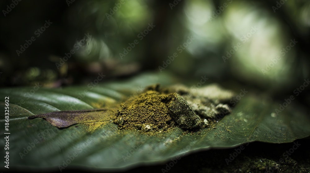 Obraz premium concoction. Crushed medicinal herbs mixed into a paste on a large leaf. menu design, packaging mockups, designed for culinary blogs and recipe cards for restaurants, simplifies recipe learning.