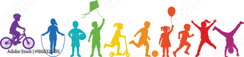Colorful children silhouette activity set showing biking jump rope kite flying soccer balloon and play, vibrant vector kids icons for fun childhood recreation isolated on gray background