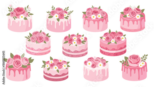 Assortment of eleven pink cakes adorned with roses and daisies, featuring dripped icing and layered designs for a celebratory occasion.