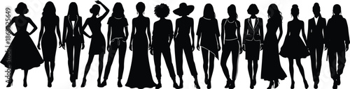 Elegant fashion women silhouette lineup showing diverse poses dresses and business outfits, black vector female models for style branding design, beauty glamour concept isolated on gray background
