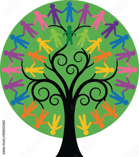 Colorful community unity tree illustration with diverse human figures forming circle symbolizing teamwork diversity inclusion sustainability family values social connection, vibrant vector design isol