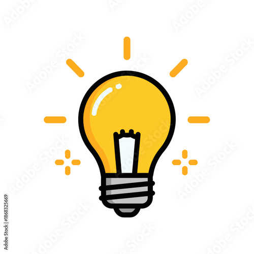 Brightly glowing cartoon style incandescent light bulb icon symbolizes creativity innovation and a sudden moment of realization against a black background.