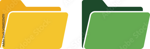 Two stylized file folders one yellow one green on white background document organization