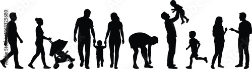 Family silhouette timeline showing parents and children walking stroller parenting playing and caring moments, black vector people icons illustrating love growth lifestyle concept isolated on gray bac