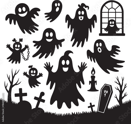 halloween ghosts and goblins with tombstones trees and candle  spooky night