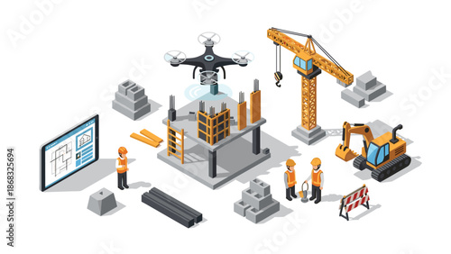 Construction site illustration with a crane, excavator, drone, workers, and building materials, depicting modern construction technology and planning.